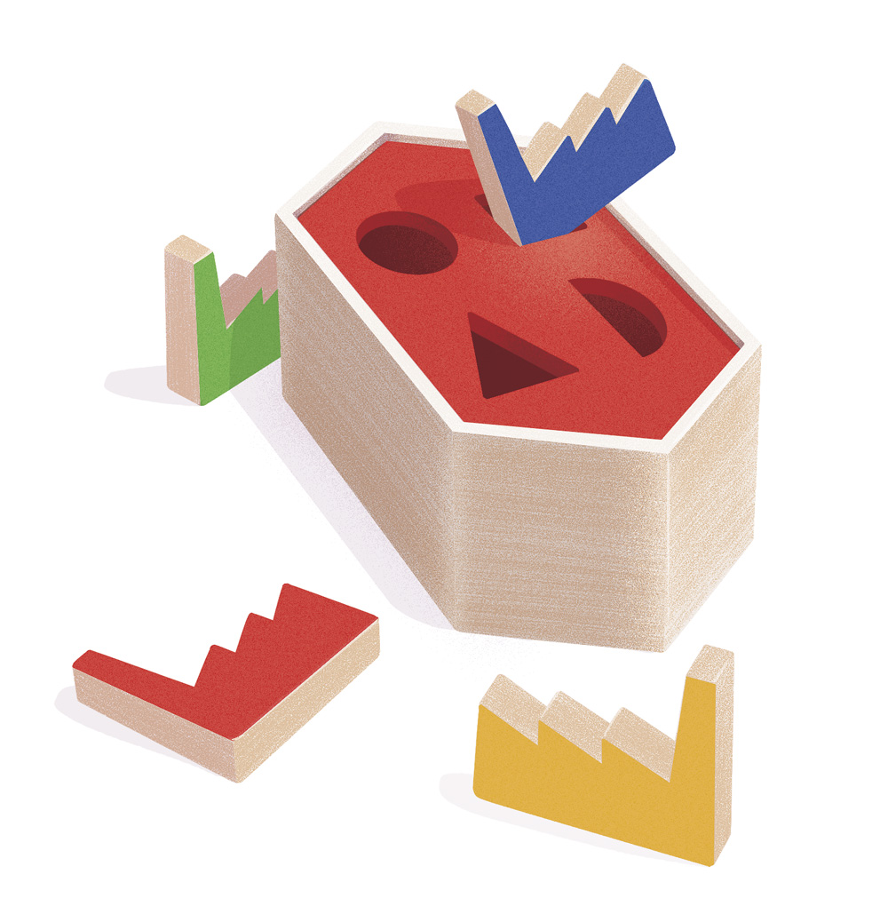 Une boîte à formes pour enfant dont les éléments ont la forme d'usines et ne rentrent pas dans les trous ronds ou carrés prévus à cet effet