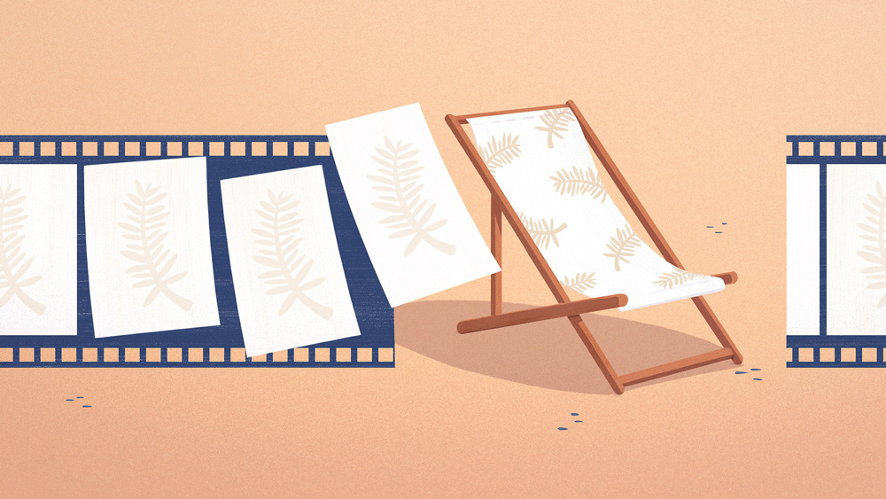 Une pellicule de cinéma dont les images montrent une palme d'or sur un fond blanc. A côté, un transat dont le tissu reprend le même motif de palme d'or