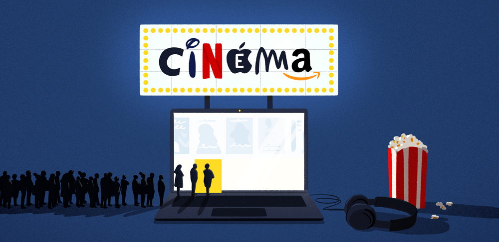 Des gens font la queue devant un cinéma qui est en fait un ordinateur portable avec un panneau CINEMA formé de lettres issues des logos des plateformes de streaming