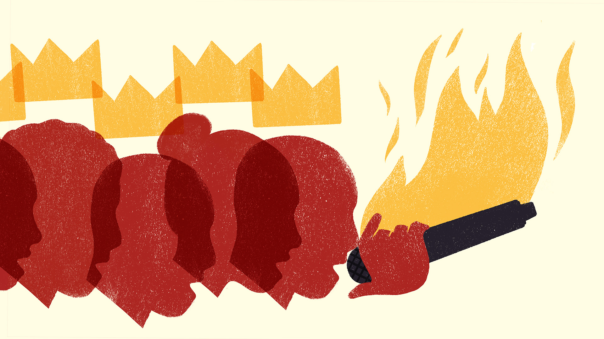 Des visages rouges stylisés de profil, chacun surmonté d'une couronne stylisée à la Basquiat, forment une chaîne jusqu'à une main de même style tenant un micro