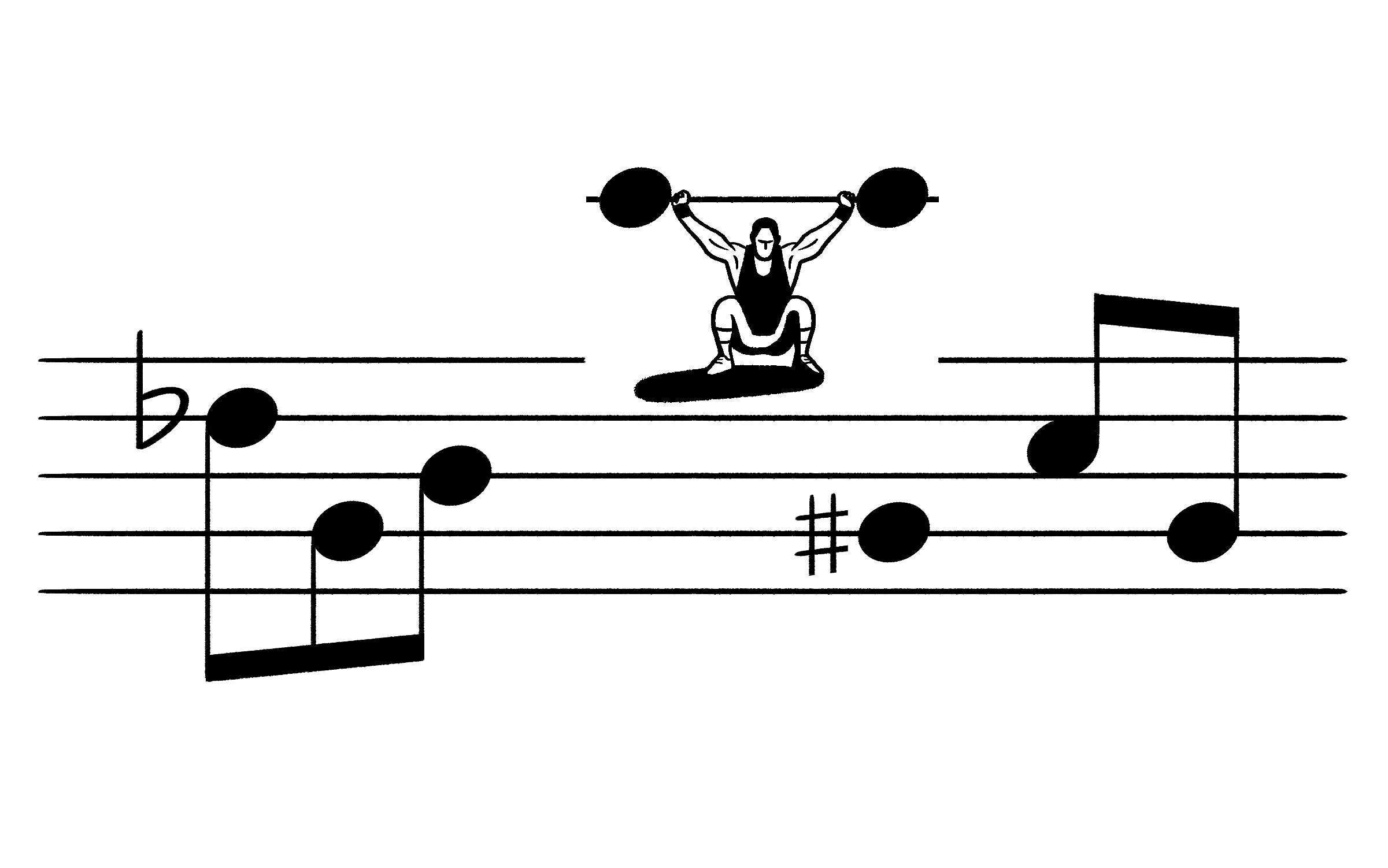 Sur une partition de musique, un mini haltérophile soulève deux notes comme il soulèverait une barre avec deux poids
