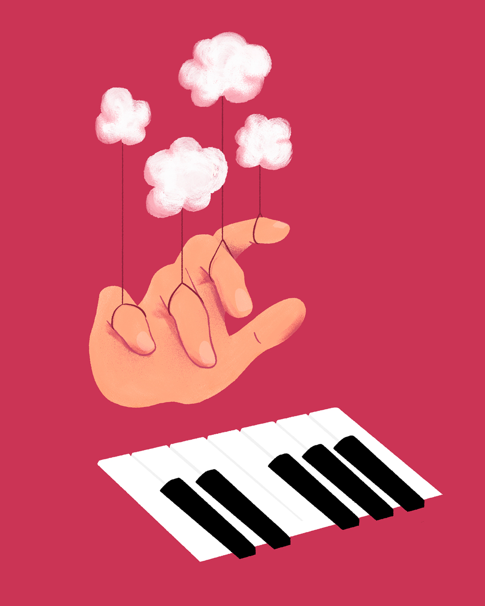 Une main flotte au-dessus de quelques touches de piano. Chaque doigt est retenu en l'air par un fil auquel est attaché un petit nuage