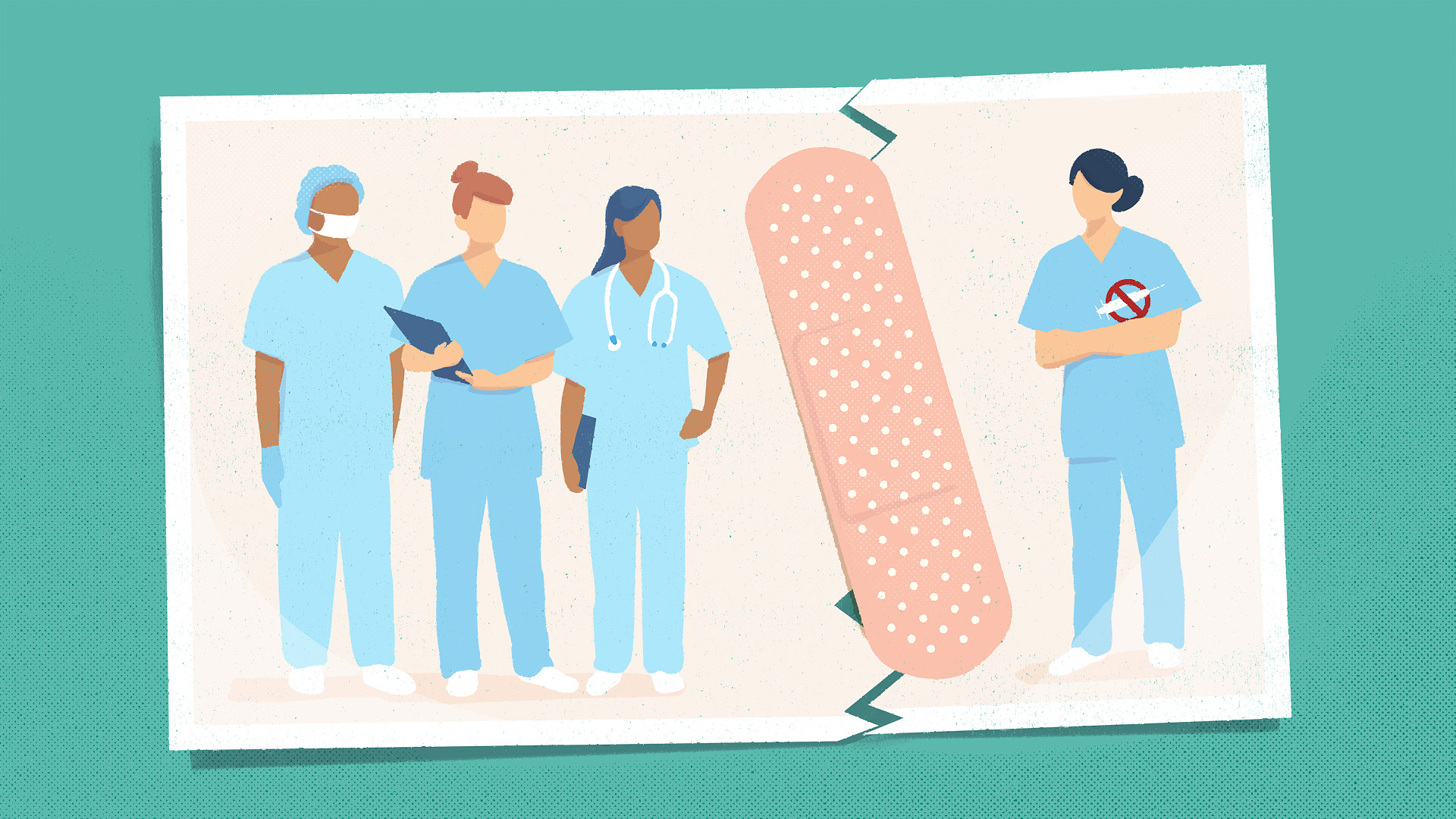 Une photo de soignants déchirée en deux et rappiécée par un pansement