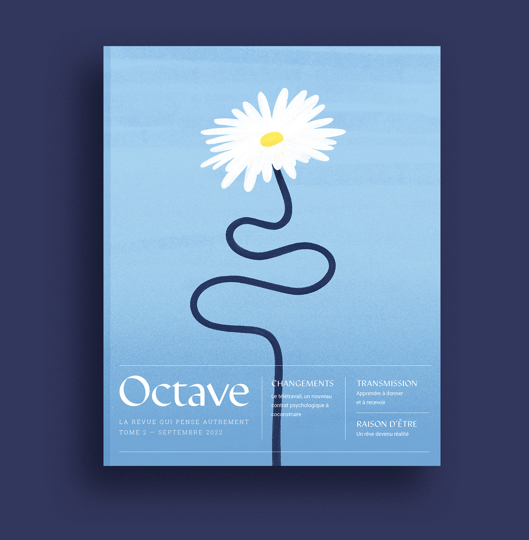 Couverture de la revue papier Octave : une fleur avec de grands pétales blancs et dont la tige présente des circonvolutions avant de s'épanouir vers le haut