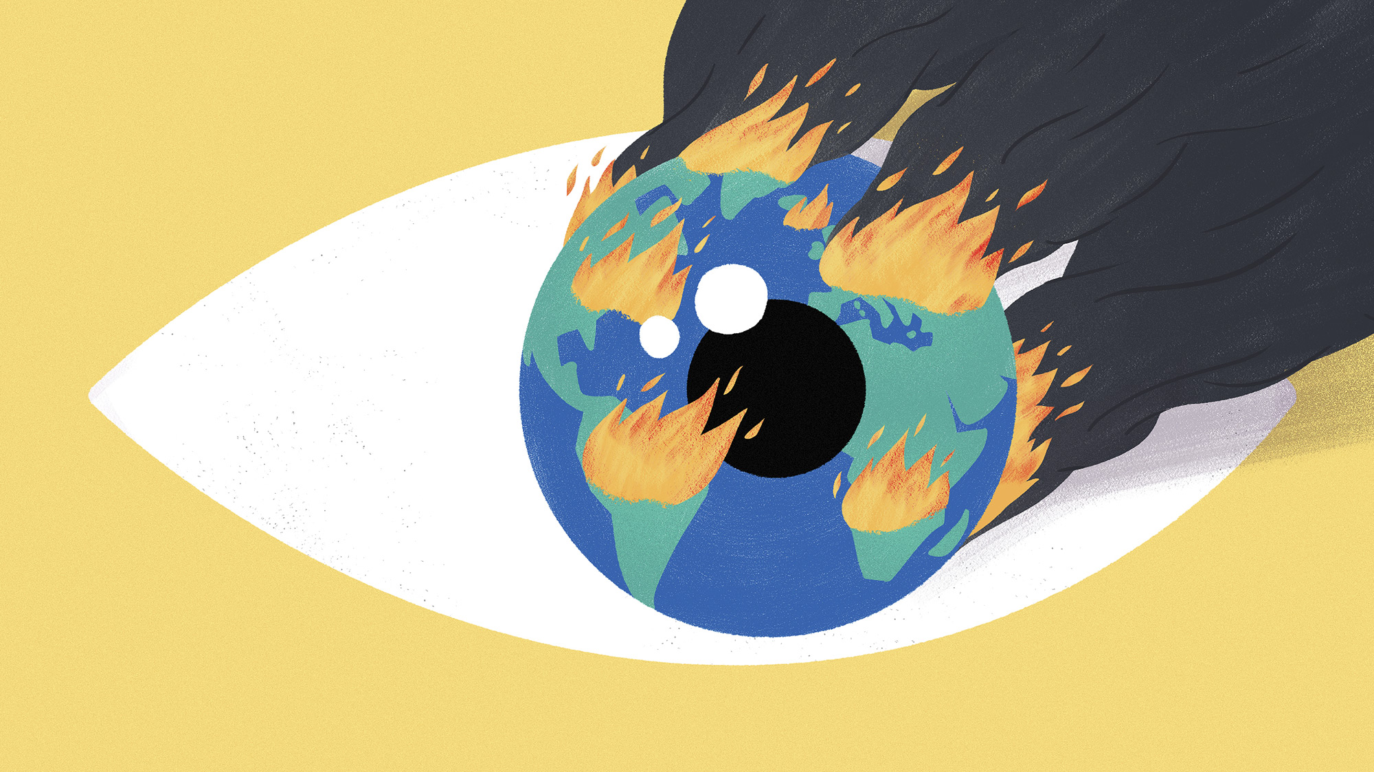 Un oeil en gros plan avec une planète terre en feu en guise de pupille