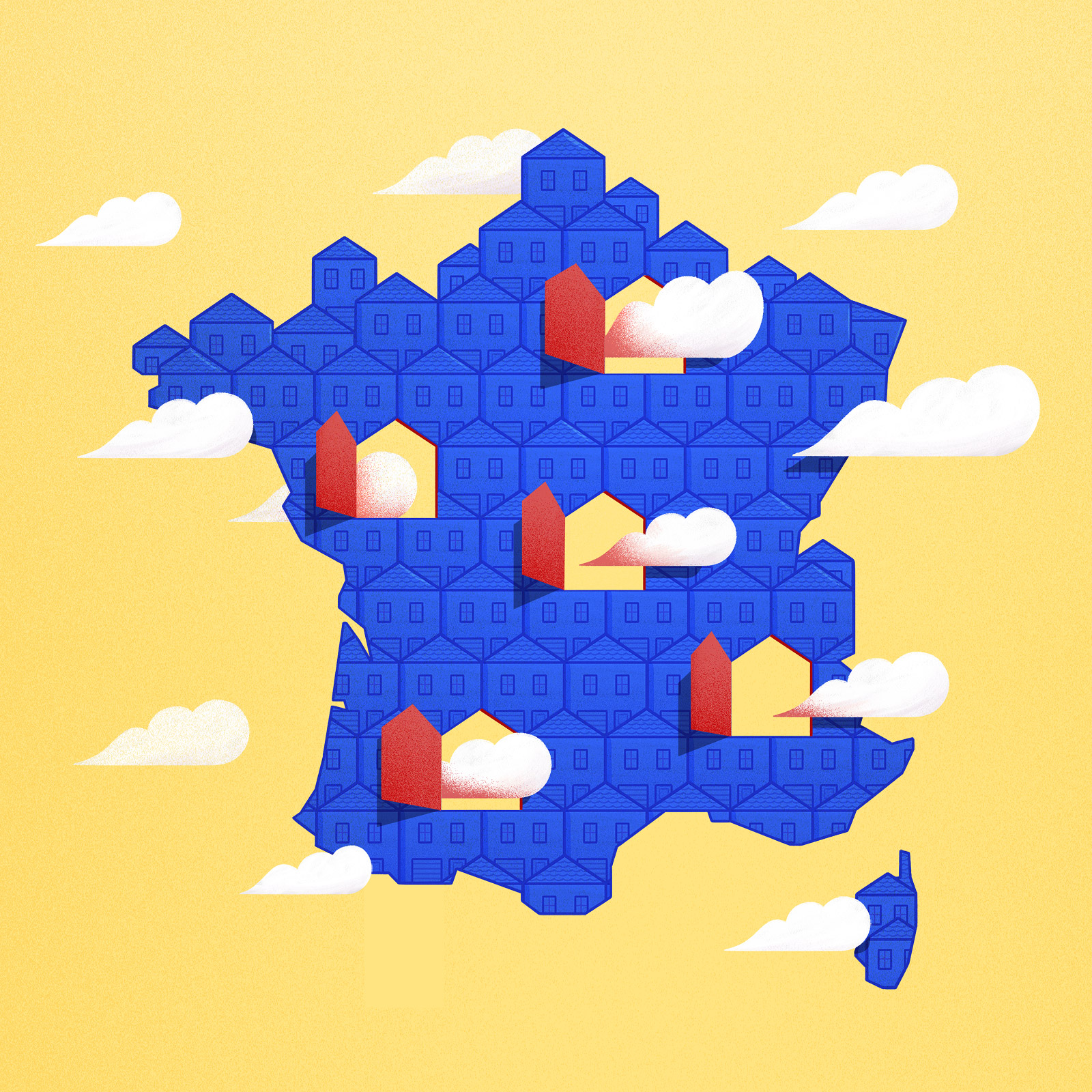 Une carte de France faite de multiples petites maisonnettes collées les unes aux autres et percée de 5 trous en forme de maison à travers lesquels les nuages passent