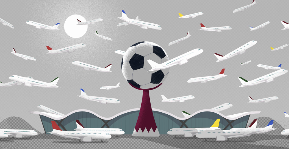 Vue symbolique de l'aéroport de Doha au Qatar avec un gros ballon au centre et des avions dans tous les sens