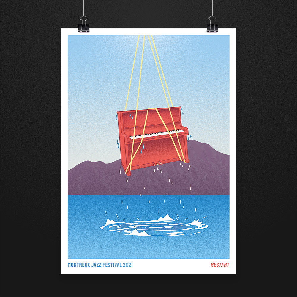 Proposition d'affiche pour le Montreux Jazz Festival 2021 (concours d'affiche sur le thème restart). Un piano suspendu à des cordes est en train d'être renfloué du lac Léman.