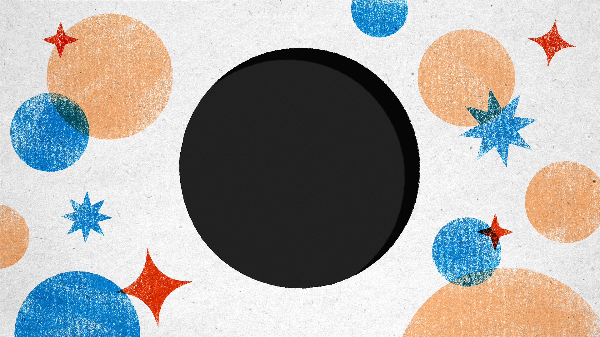 Illustration d'un trou noir vu comme un trou rond dans une feuille de papier sur laquelle sont dessinés plusieurs astres au crayon à papier